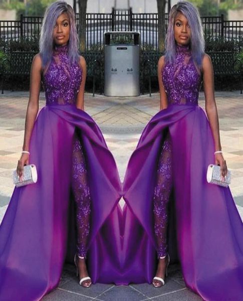 

purple evening dresses blingbling lace beading illusion long prom gowns satin overskirts black african long jumpsuits5782976, Black;red