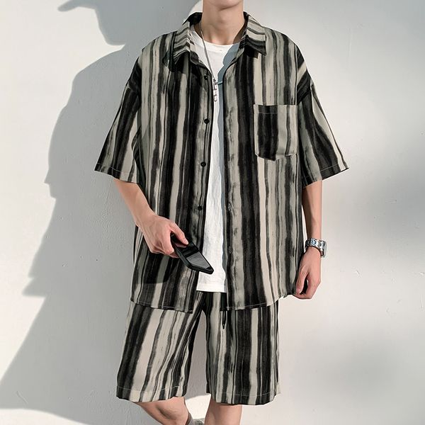 

men's tracksuits plus size 5xlm summer fashion ice silk striped short sleeve shirts and knee length shorts casual sets streetwear 23072, Gray