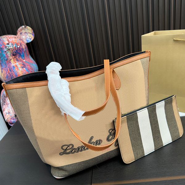 

canvas tote shopping bag check handbags purse women shoulder bags fashion letters zipper pocket leather handle two colors 31cm