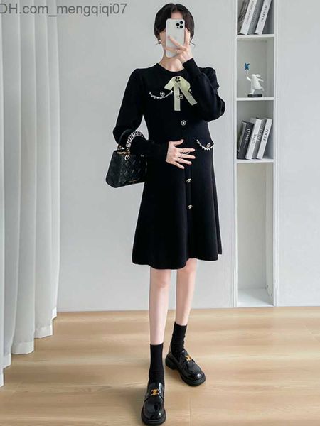 

maternity dresses korean sweet pregnant women's dress fake pocket long sleeve pregnant women's knitted dress party dress winter pr, White