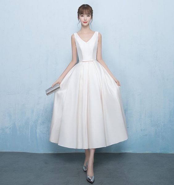 

v neck satin wedding dresses with bow tea length bridal gowns 2019 beach wedding gown bruidsjurken9406204, White