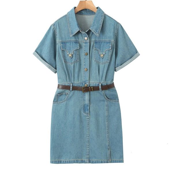 

plus size dresses good quality size dres clothes 2023 summer short sleeve belt chic retro denim onepiece oversized curve n8581 230727, Black