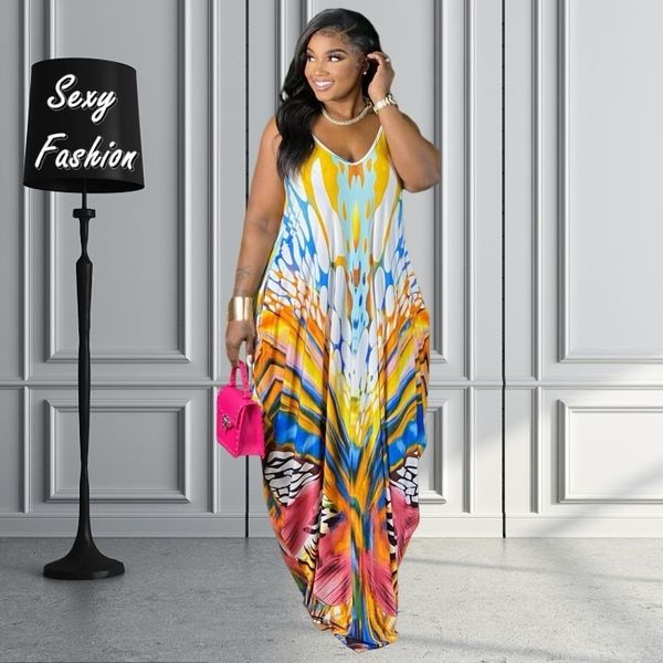 

plus size dresses l5xl summer women clothing size dress halter sleeveless fashion printing loose casual beach long female outfits 230727, Black