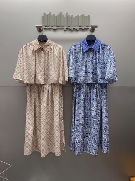 

2023 fashion two piece dress luxury women's printting lapel loose ladies short sleeve shirt casual high waist skirt fashion set, White
