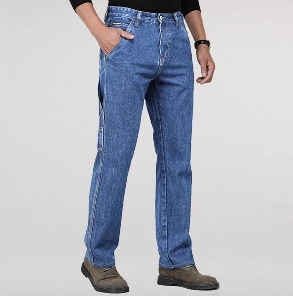 

men039s jeans high waist straight cut autumn cargo denim cotton vintage pants side pockets husband casual classic male trousers3937241, Blue