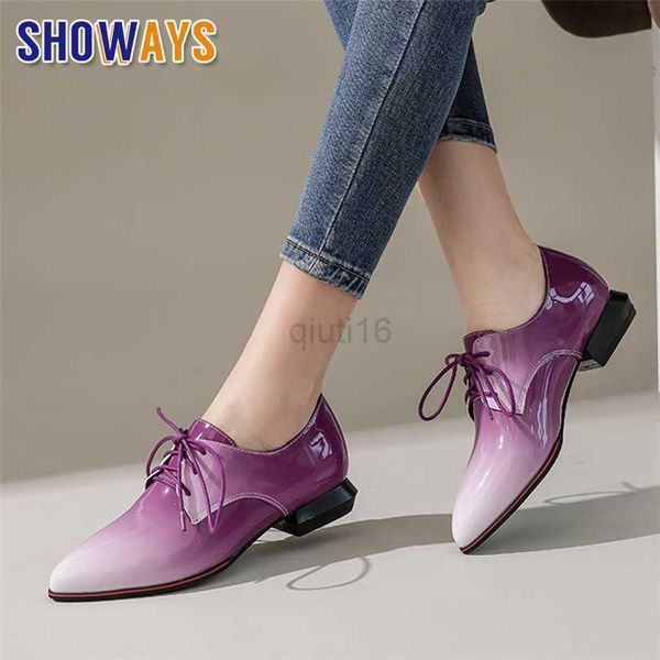 

dress shoes big size women derbies gradient red purple patent leather flats casual office ladies vintage lace-up pointed toe brogues oxfords, Black