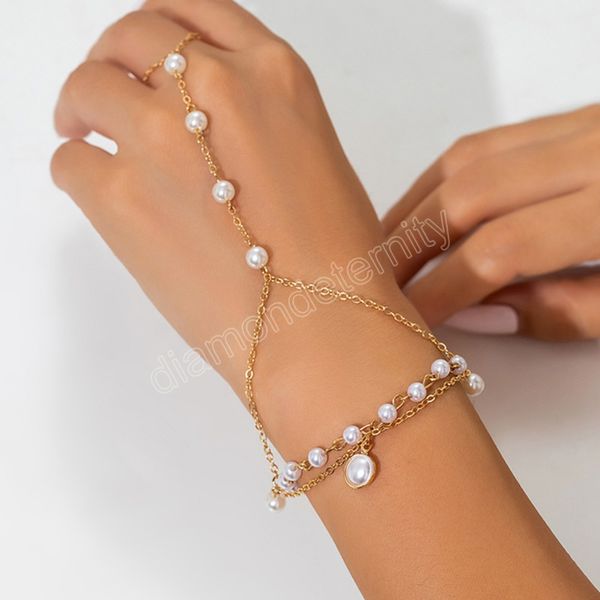 

imitation pearl beads chain linked waist and finger bracelets for women trendy elegant wedding hand chains jewelry accessories, Golden;silver