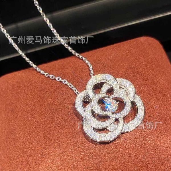

small fragrance sterling silver diamond rose camellia necklace women's light luxury versatile ins net red hollow flower collar chain, Black