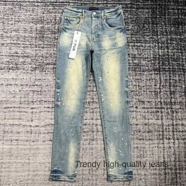 

women jeans designer purple brand high street retro paint spot slim feet micro elastic men hip-hop fashion zipper hole 33, Blue