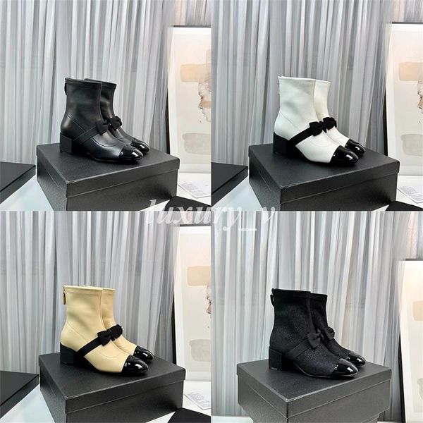 

designer ankle boots lambskin stretch boot bow decorative chunky high heels ladies leather boots outdoor boots with box, Black