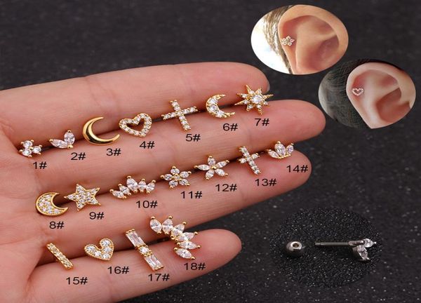 

floral star heart flower crown bar lage piercing stud helix jewelry tragus conch rook earlobe screw back earring3112098, Golden;silver