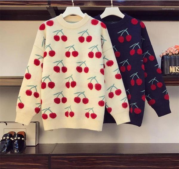 

women039s sweaters autumn winter casual retro sweater oneck pullover long sleeve korean loose cherry knitted woman clothing 204650481, White;black