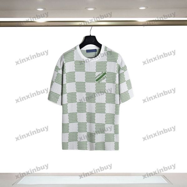 

xinxinbuy men designer knitted tee t shirt 23ss paris plaid flower print short sleeve cotton women black white green brown s-2xl, Black;brown