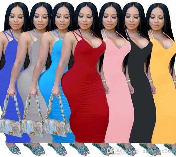 

plus size xs5xl summer 2022 designer women maxi dresses backless long dress skinny stretchy sling skirt party club clothing6533494, Black;gray
