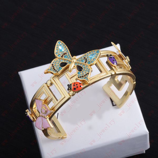 

rhinestone color enamel butterfly ladybug hollowed-out interlocking pattern bracelet cuff, jewelry designer luxury small insect unique style, White