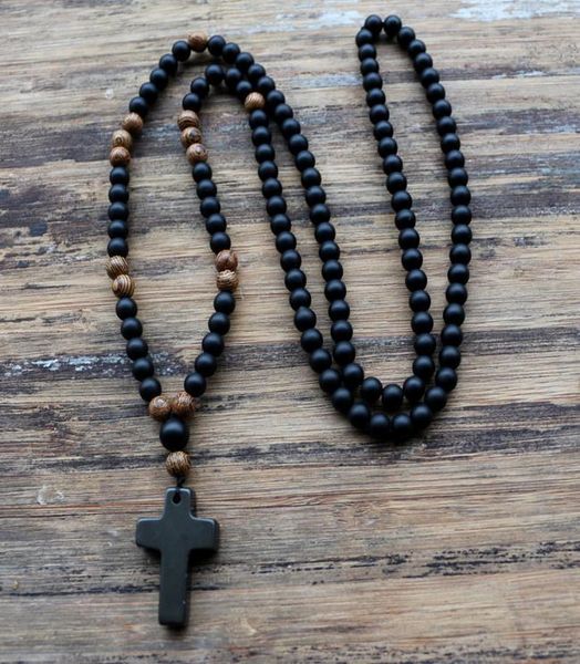 

6mm black stone wood beads with black stone pendant mens rosary necklace mens jewelry 20209851578, Silver
