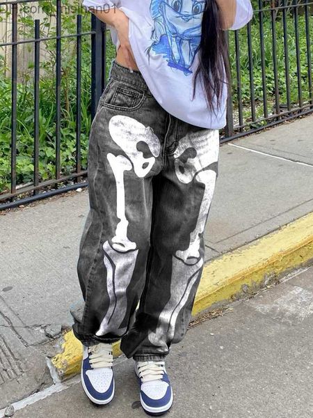 

women's jeans skull print women's long waist straight leg slow speed jeans cyber y2k street clothing trousers 2023 summer fashion, Blue