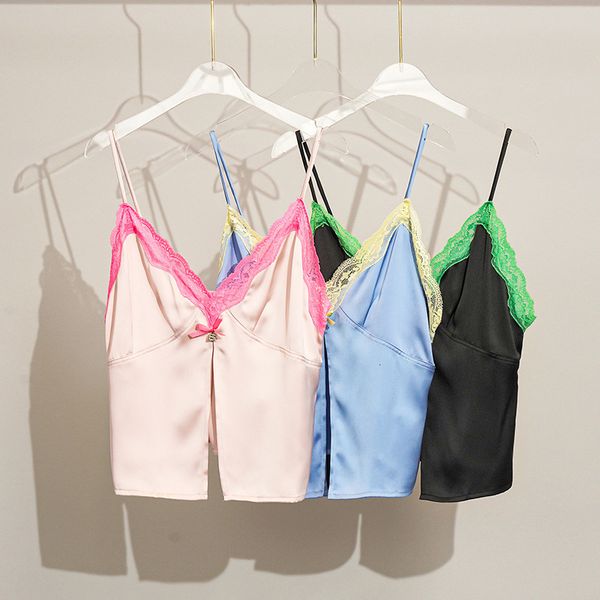 

women's tanks cami's lace stitching sling slit sleeveless vneck fashion contrast color camisole for lady spring summer 230727, White