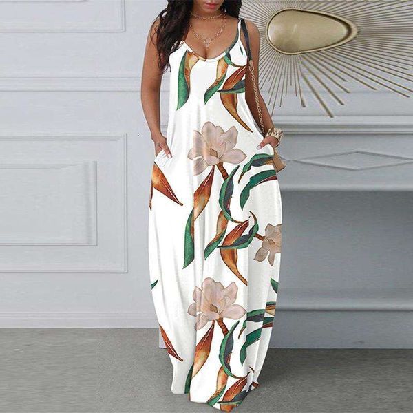 

womens clothing summer style temperament print loose casual sleeveless double pocket spaghetti dress, Black;gray