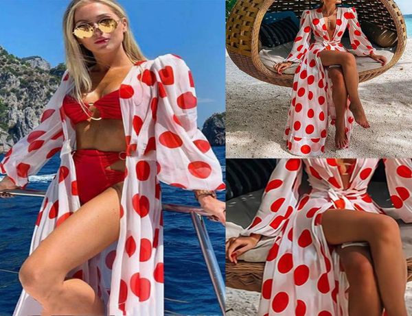 

women beach dress polka dot print maxi v neck dresses ladies boho long sleeve dress summer bikini cover up casual dresses 0502943127, Black;gray