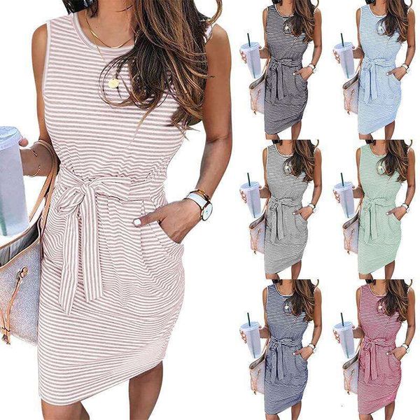 

spring and summer round neck sleeveless striped t shirt tied waist vest dress womens clothing, Black;gray