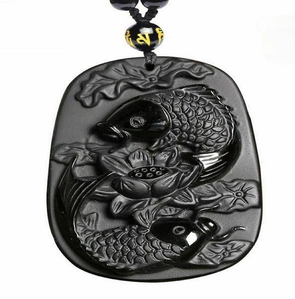 

natural obsidian pisces lotus fish koi necklace amulet pendant with bead chain2818713, Silver