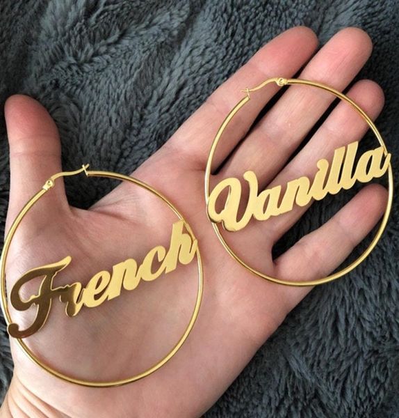 

1pairs custom name mix match hoop earrings fashion stainless steel 70mm diameter boho personalised name earrings modern brincos v18004479, Golden;silver