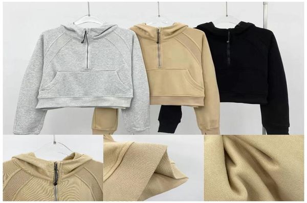 

designer womens sport hoodies jacket half zipper yoga coat quick dry fitness running s hoodie women loose slim waist short jakecks hooded 46, Black
