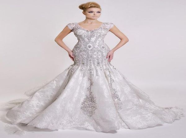 

luxury formal mermaid 2017 wedding dresses crew neckline bridal wed gowns with beaded stone sheath bling lace short sleeve wedding6499279, White