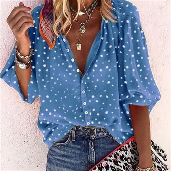 

designer shirt women shirts for women designer new fashion loose casual seven-quarter sleeve floral print v-neck button-down shirt women but, White