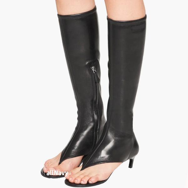 

2023 designer spring summer fashion women low heel thong over the knee female cowboy boot open toe stretch design stretch napatine knee-high, Black