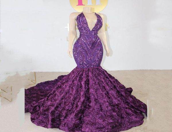 

luxury purple aso ebie prom dress for black girls 2022 elegant mermaid sequined evening gowns african v neck rose bottom halt9173458
