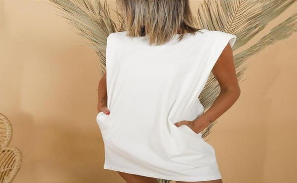 

casual dresses summer sleeveless shoulder pad mini dress 2021 o neck loose pocket solid striped white black basic women vestidos6225307, Black;gray