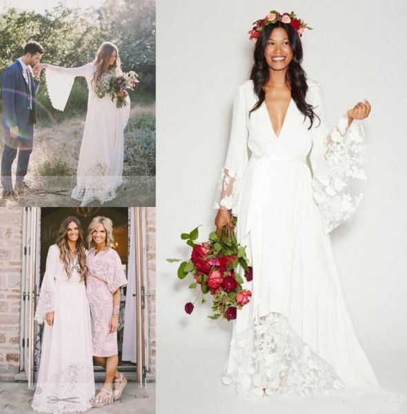 

boho beach wedding dresses long bell sleeve lace flower bridal gowns plus size bohemia hippie wedding dress7622819, White