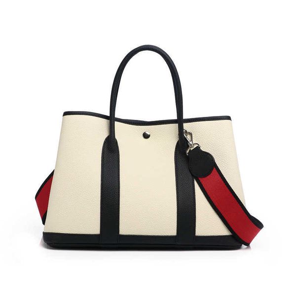 

classic garden party tote bag women's fashion leather color contrast handheld one shoulder crossbody cow - full9ysh