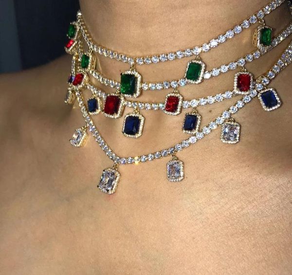 

bling iced out chains necklaces designer women crystal rhinestone rectangle pendant gold silver plated hip hop wedding collar chok2277579