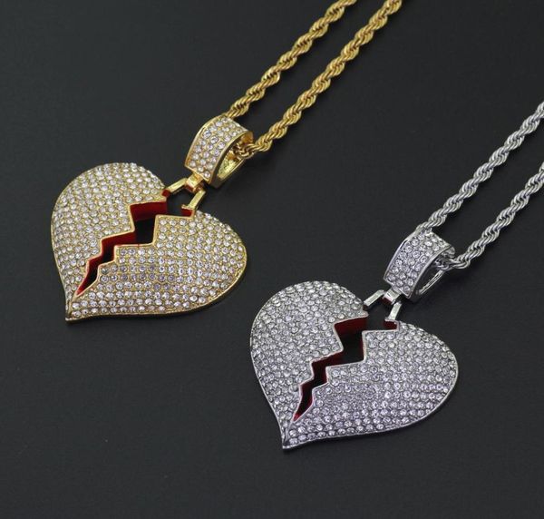 

iced out broken heart chain necklace men pendant cuban link chain necklaces bling diamond charm ed chain for women hip hop je6865023, Silver