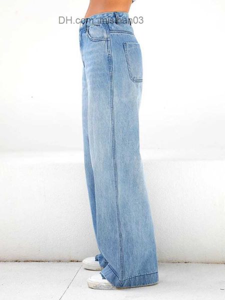 

women's jeans high waist denim pocket jeans women's street clothes casual slow jeans retro blue full pants super large straight pa