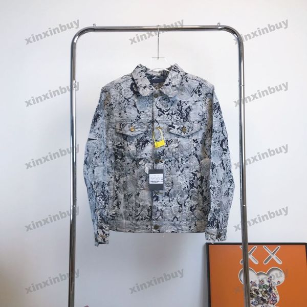 

xinxinbuy men designer coat jacket flower jacquard letter denim long sleeve women blue red green white s-2xl, Black;brown
