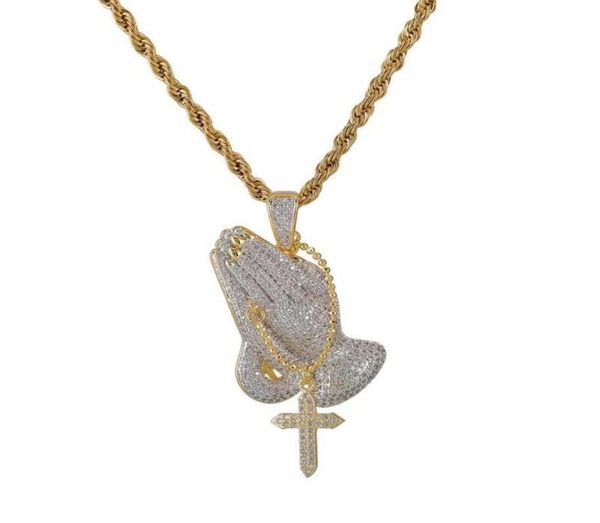

pendant necklaces iced out cubic zircon praying hands with charms necklace fashion luxury hip hop designer jewelry2566484, Silver