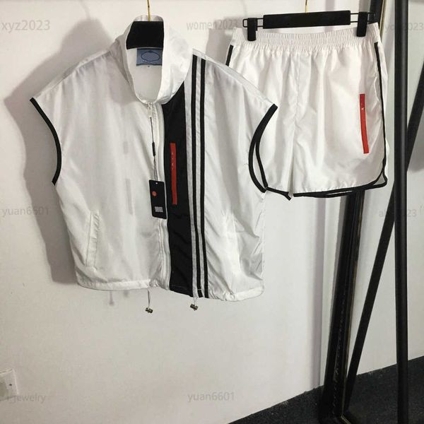 

womens designer tracksuits girl summer casual set size s-l 2pcs red letter tape standing collar zippered vest and shorts july26, Gray