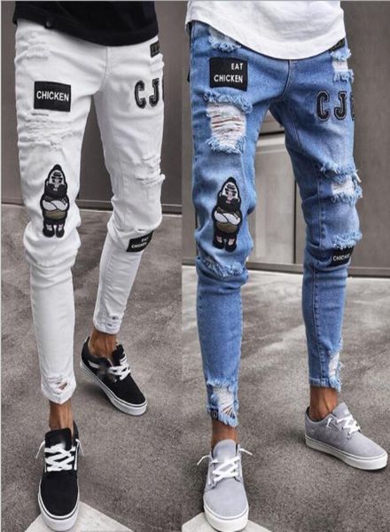 

hommes ripped embroidery design jeans mens slim biker jeans long pencil pants man denim pants hip hop streetwear distressed jeans4971160, Blue