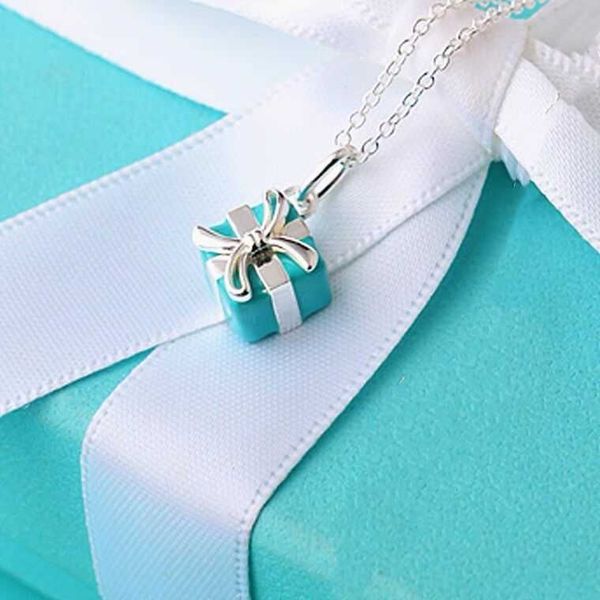 

original tiffay gift box necklace 925 sterling silver plated 18k gold blue christmas pendant collar chain, Black