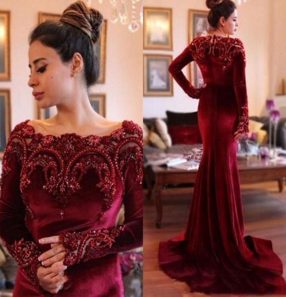 

vintage burgundy velvet long sleeve formal evening dress major beading zipper saudi arabic occasion party prom gown pageant celebi9085528, Black;red