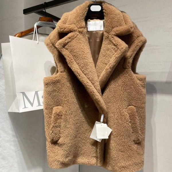 

women's outerwear 100% woolen coat womens winter warm sleeveless vest designer jacket fashion max cardigan v-neck wool coats luxury wom, Black