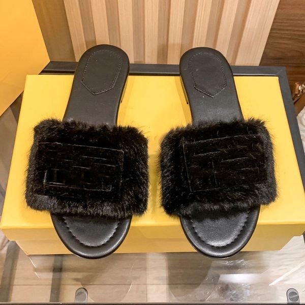 

womens designer slippers fashion fur slipper fluffy warm letters embroidery sandals indoor outdoor comfortable home flip flops shoes size 41, Black