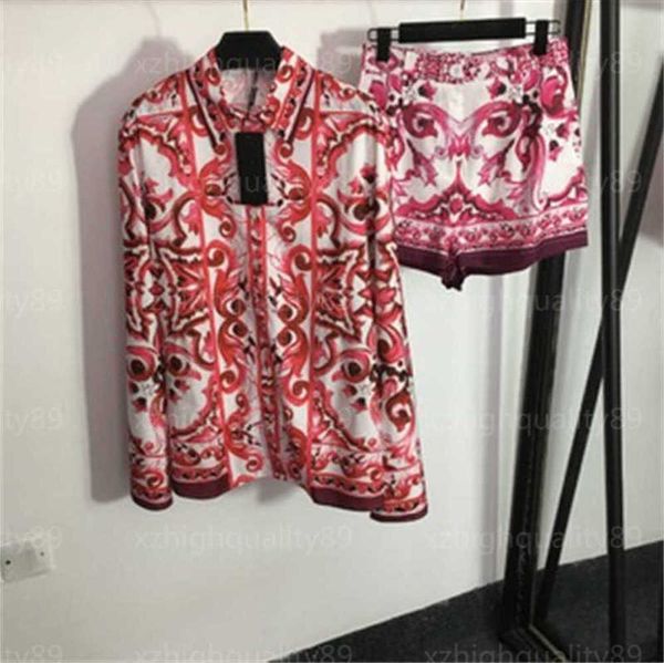

womens two piece pants designer clothes shirt sets vintage floral red print long sleeve shirts lapel button cardigan waistband shorts women, White