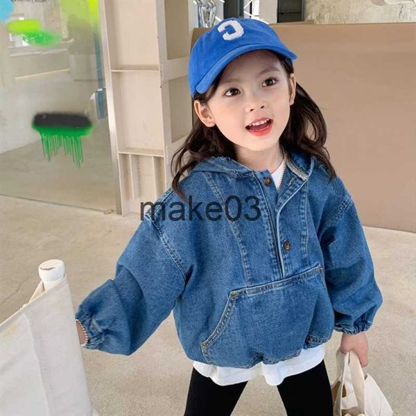 

jackets 3443c girl cowboy hooded jacket autumn 2022 new korean zipper hooded jacket girl's denim coat 29year kid's coat outerwear, Blue;gray