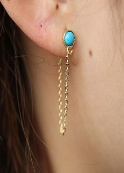 

925 sterling silver jewelry single round turquoise stud with tassel chain elegance romantic women tassel earring jewelry9182583, Golden;silver