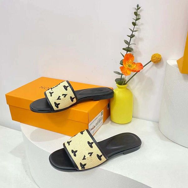 

2023designer shoes pairs designer slides women embroidered fabric slide sandals summer beach walk slippers fashion low heel flat slipper lux, Black